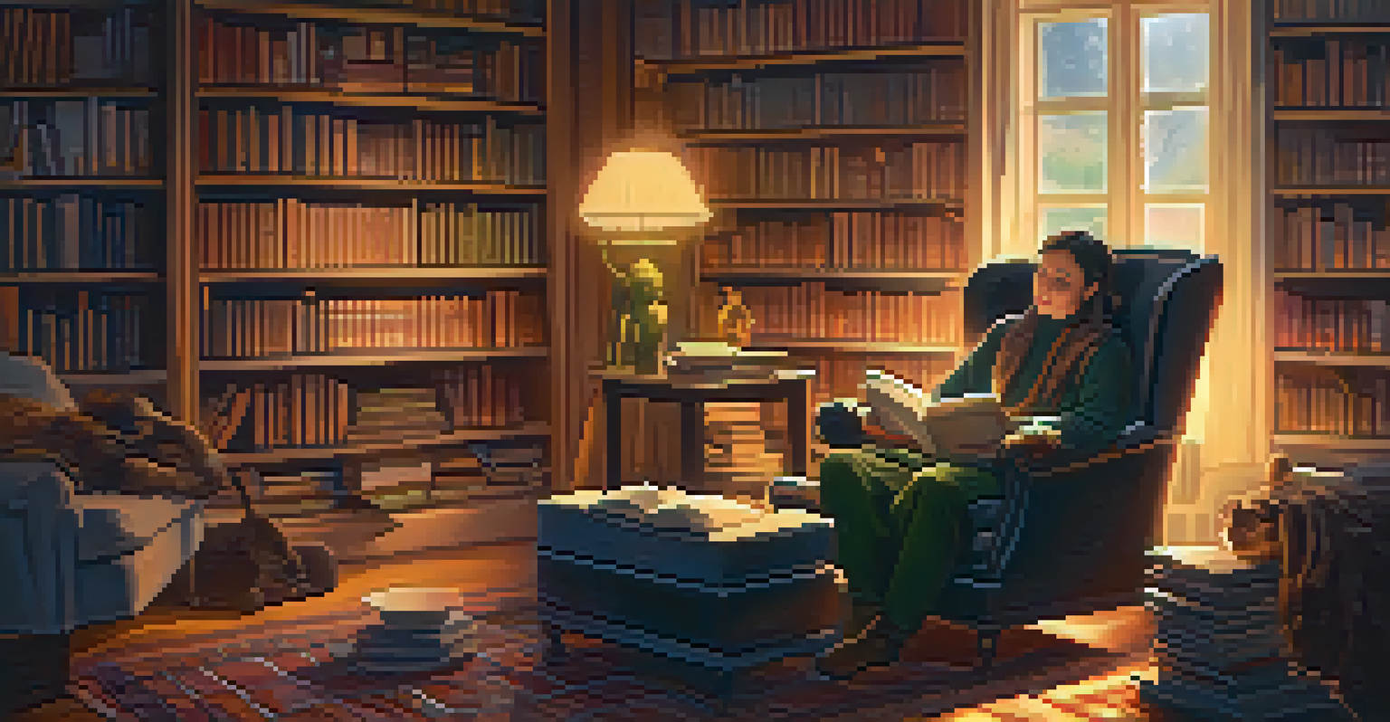 A storyteller sharing a narrative in a cozy, book-filled room with warm lighting.