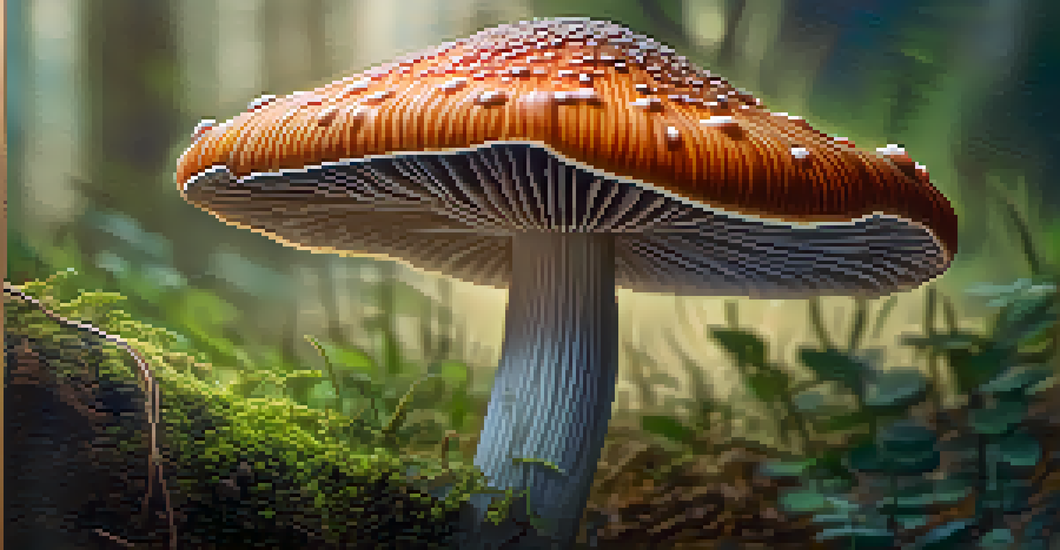 A close-up of a psilocybin mushroom with detailed textures and colors, set against a softly blurred natural background.