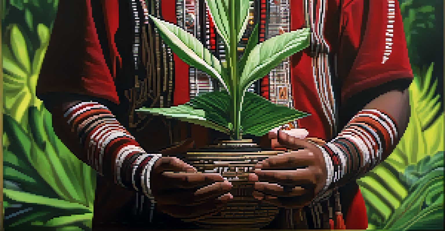 A close-up of an indigenous person's hands holding a sacred plant with a blurred forest background, emphasizing cultural significance and connection to nature.