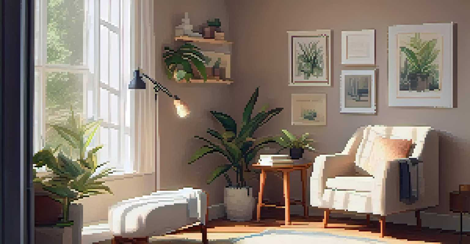 A cozy therapy room with warm lighting, featuring an armchair, a journal on a side table, and potted plants.