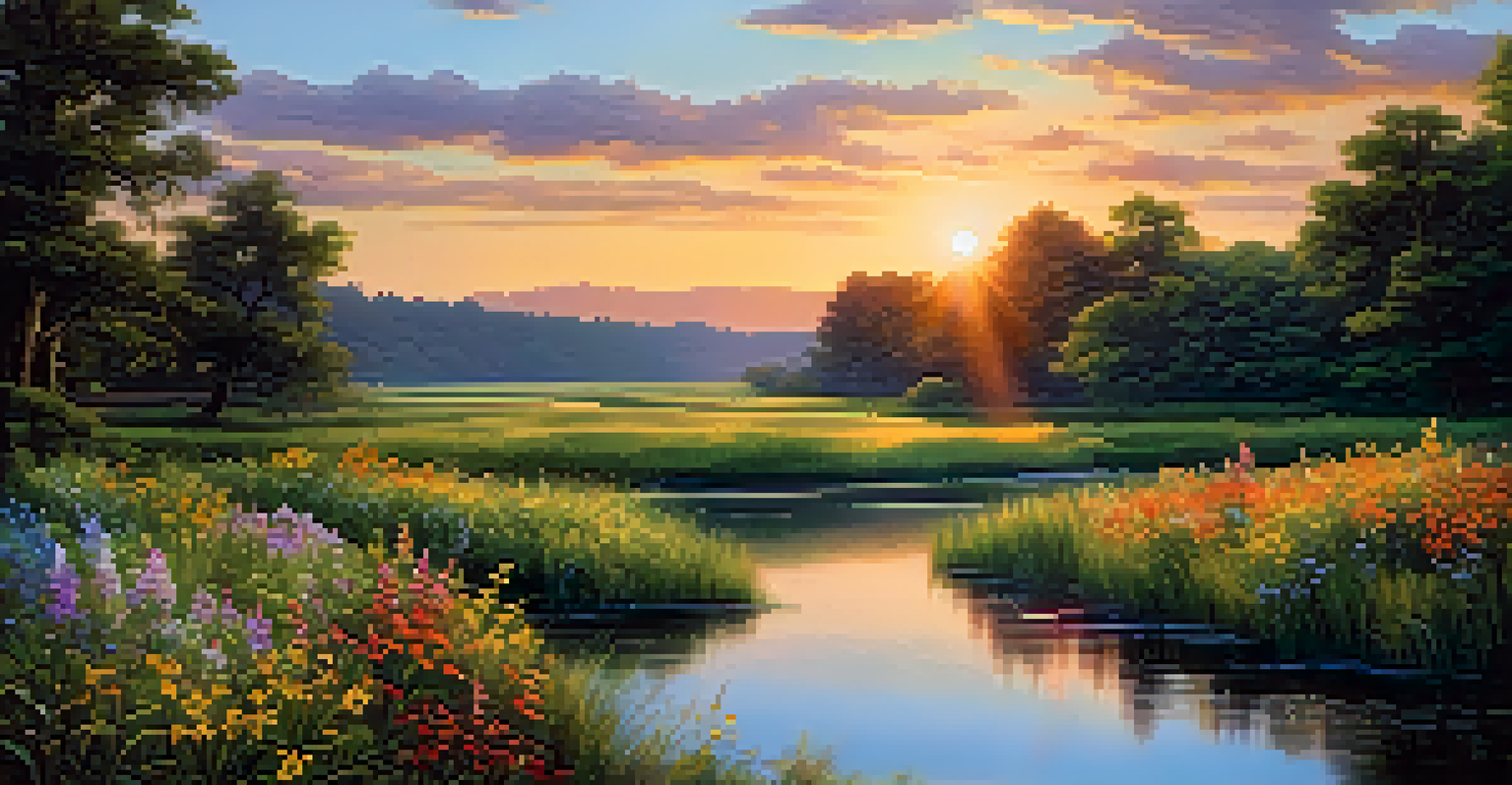 A tranquil river landscape surrounded by lush greenery and colorful wildflowers under a sunset sky.
