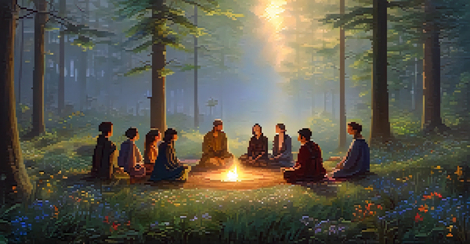 A diverse group of people holding a communal ceremony in a serene forest at dawn, with soft golden light and vibrant wildflowers.