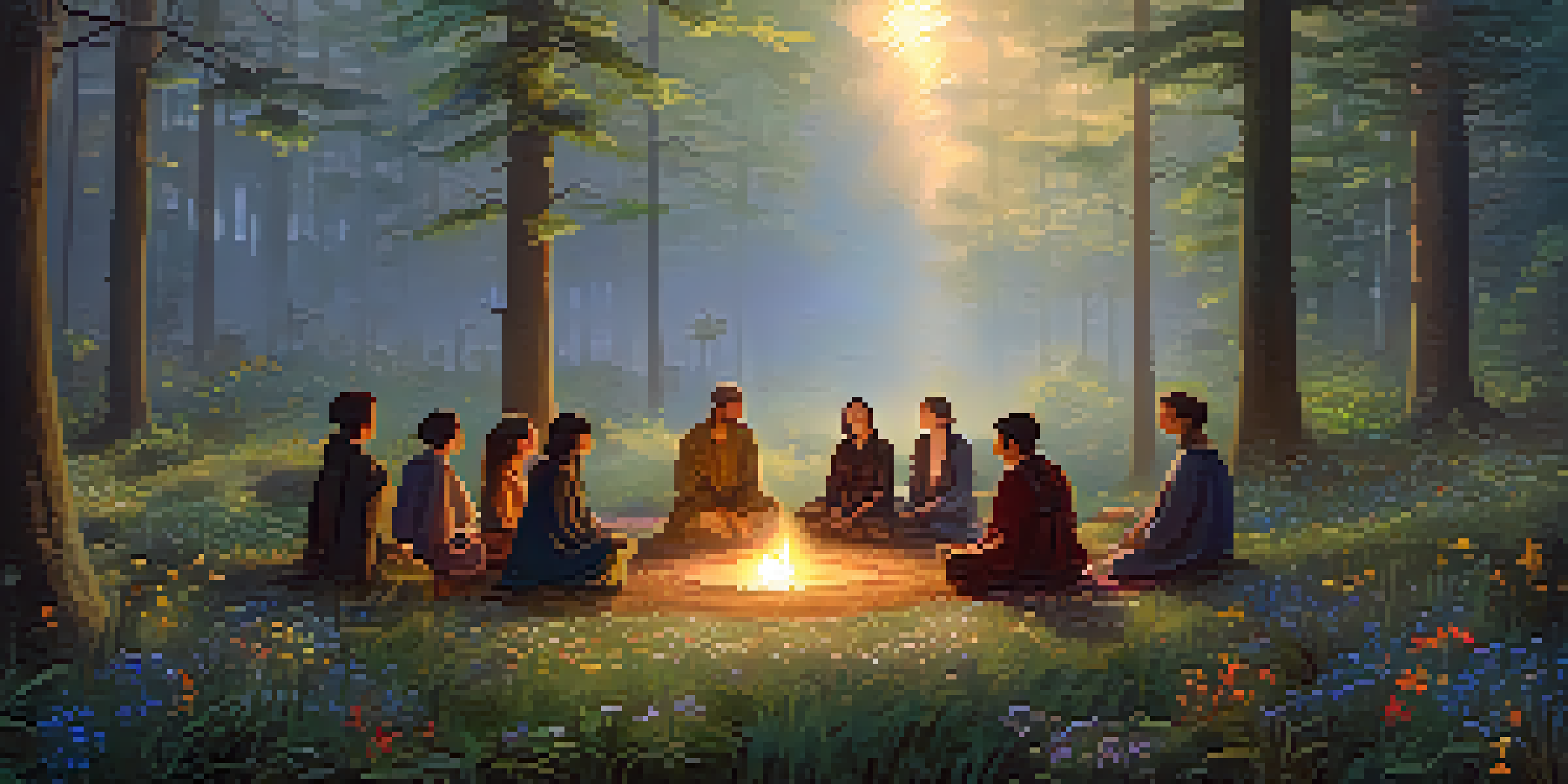 A diverse group of people holding a communal ceremony in a serene forest at dawn, with soft golden light and vibrant wildflowers.