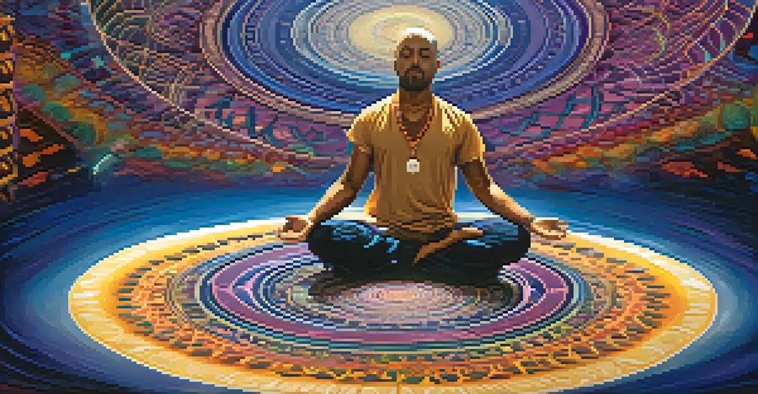 A person meditating on a colorful mandala, surrounded by swirling patterns representing altered states of consciousness.