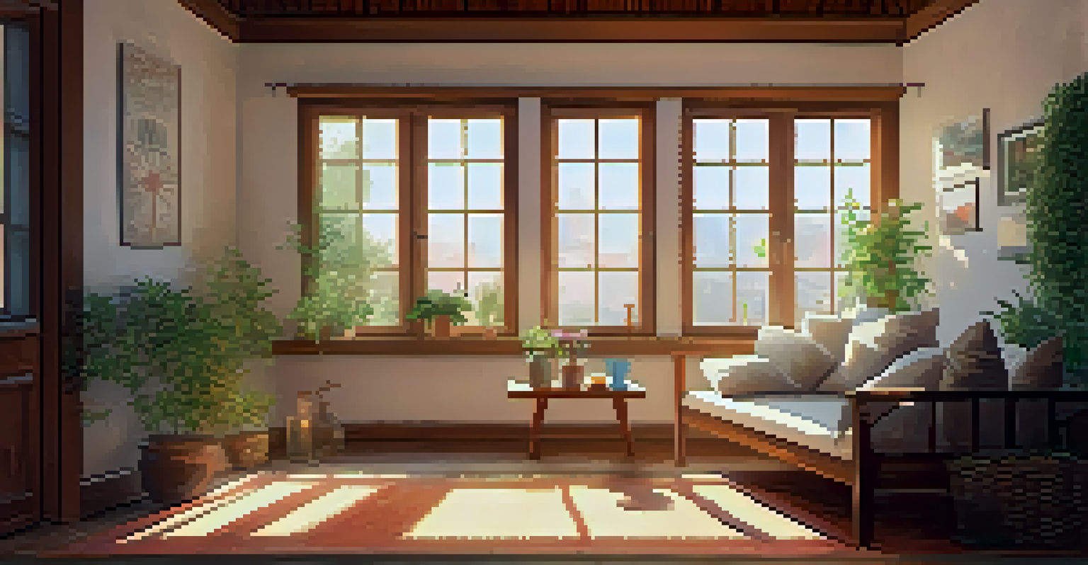 A cozy room filled with natural light, featuring a wooden table with a cup of tea and an open book, surrounded by plants and cushions.