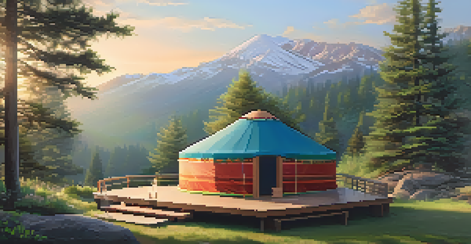 A serene wellness retreat with a yurt in nature, featuring a yoga mat and beautiful morning light.