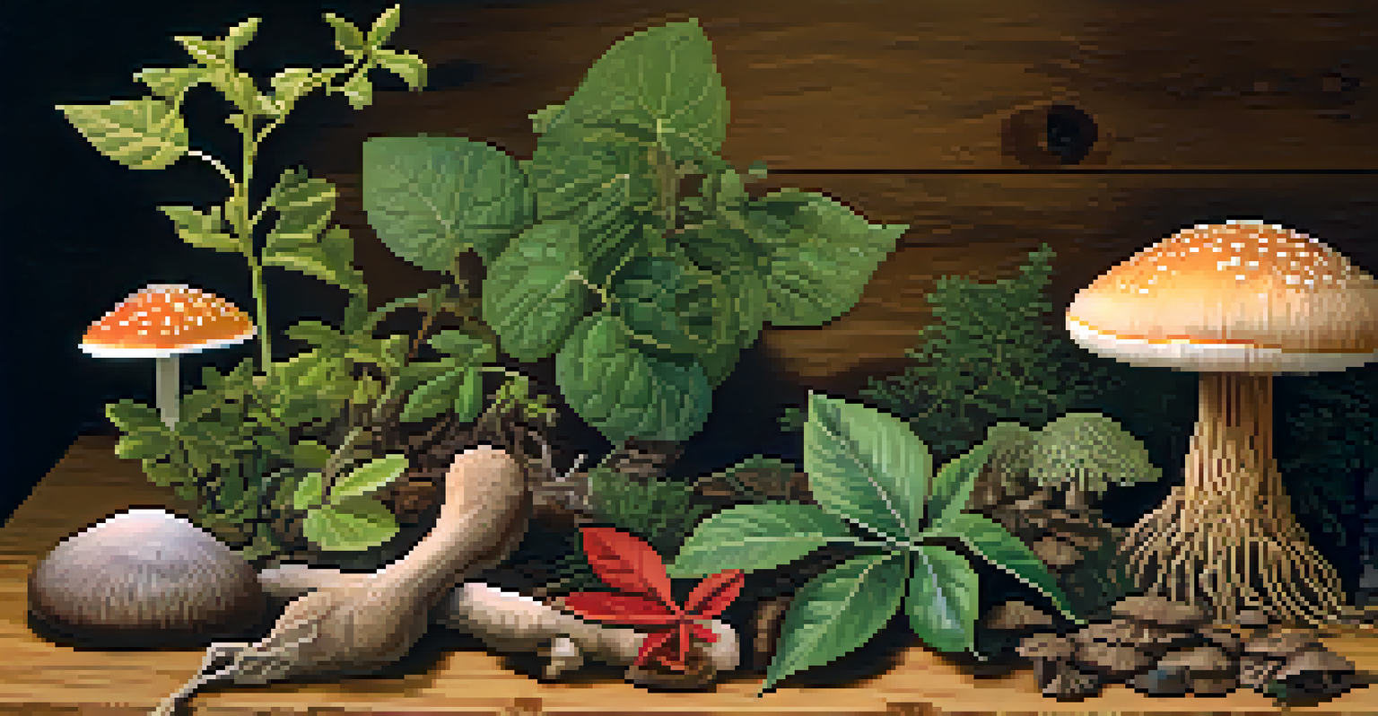 A close-up of entheogenic plants including ayahuasca vines and dried mushrooms on a wooden table, with soft lighting highlighting their textures.