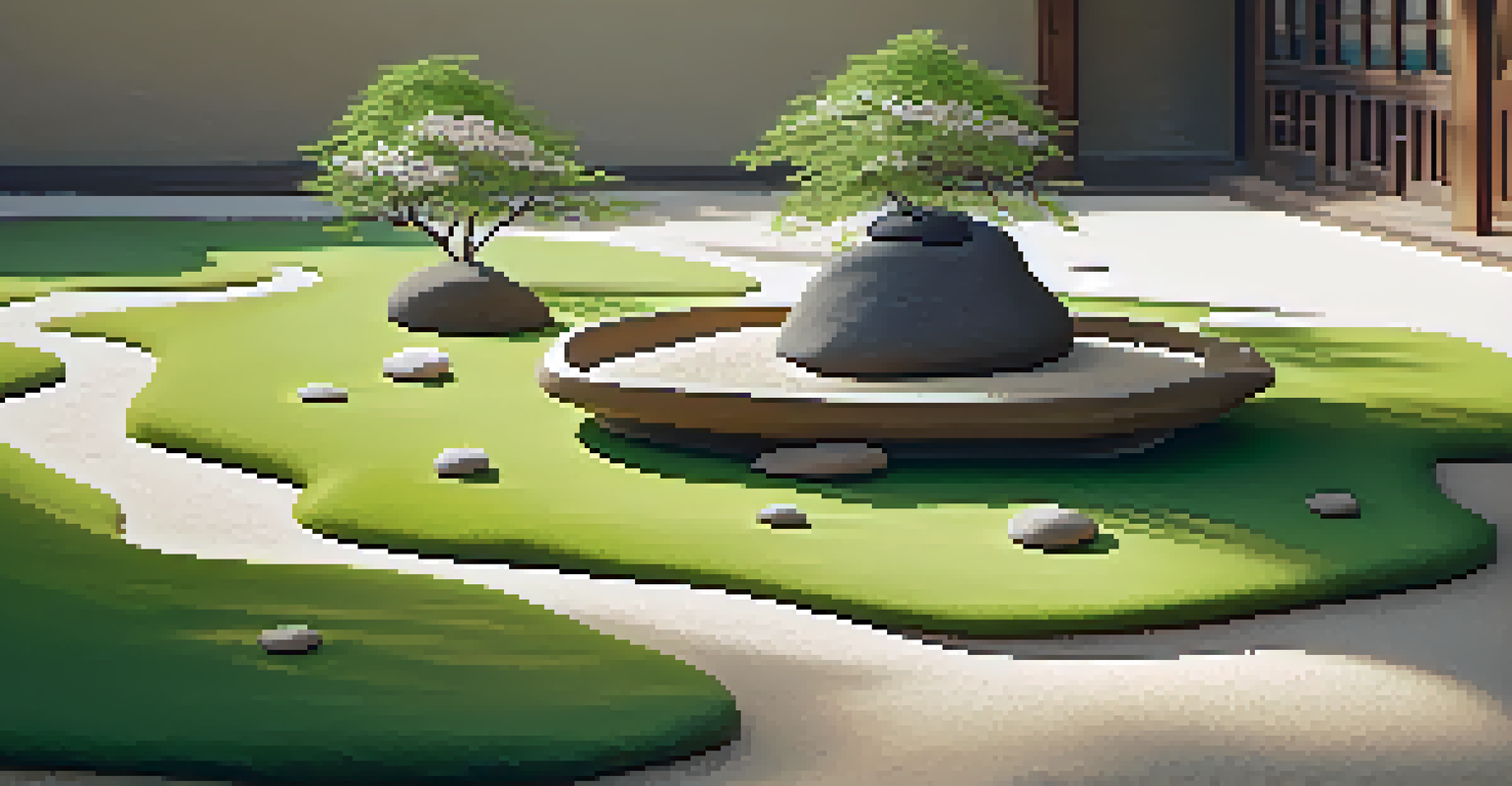 A close-up of a Zen garden with raked sand, stones, and cherry blossom petals in soft light.