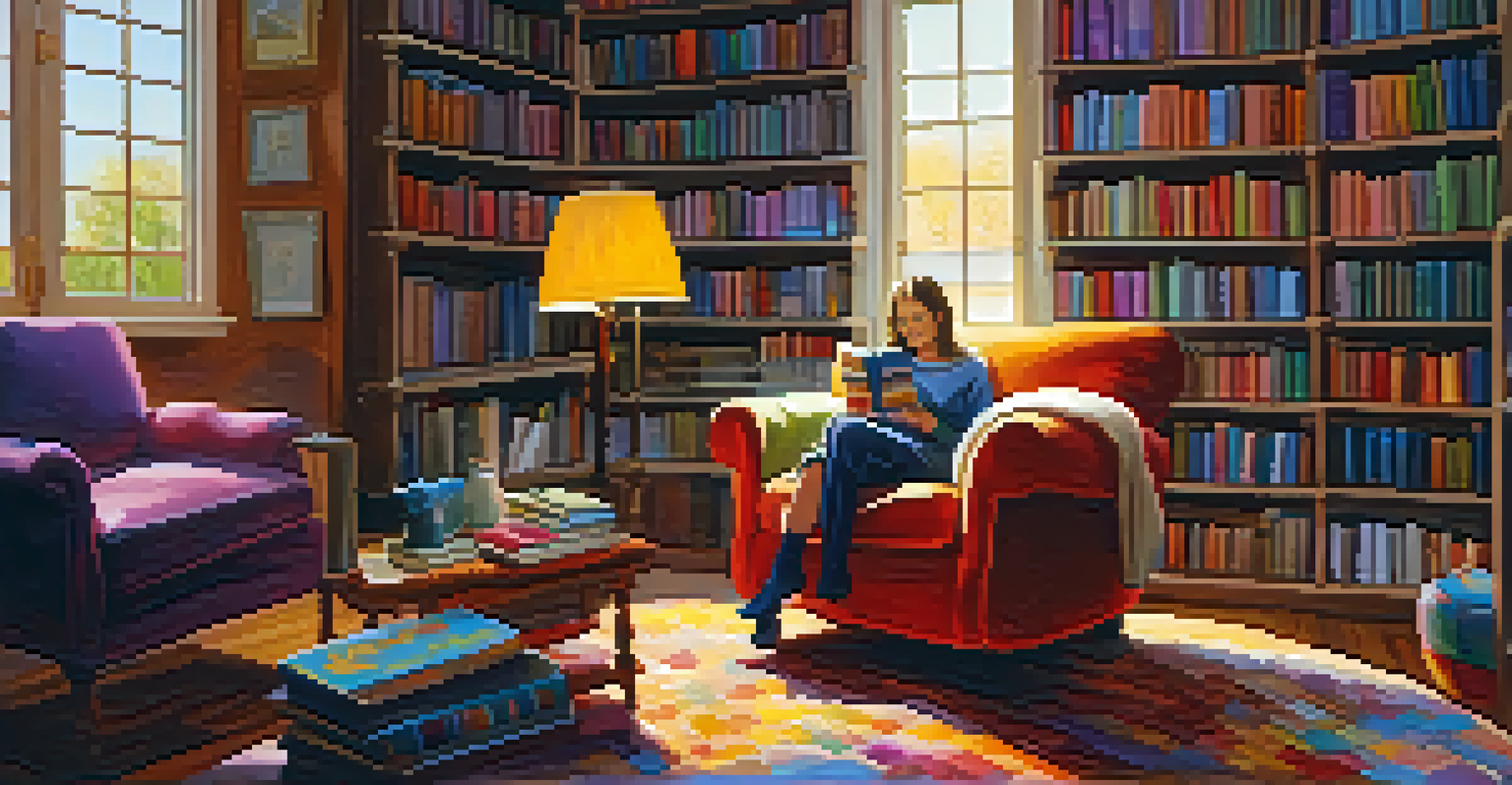 A person relaxing in an armchair with a cup of tea and bookshelves in the background.