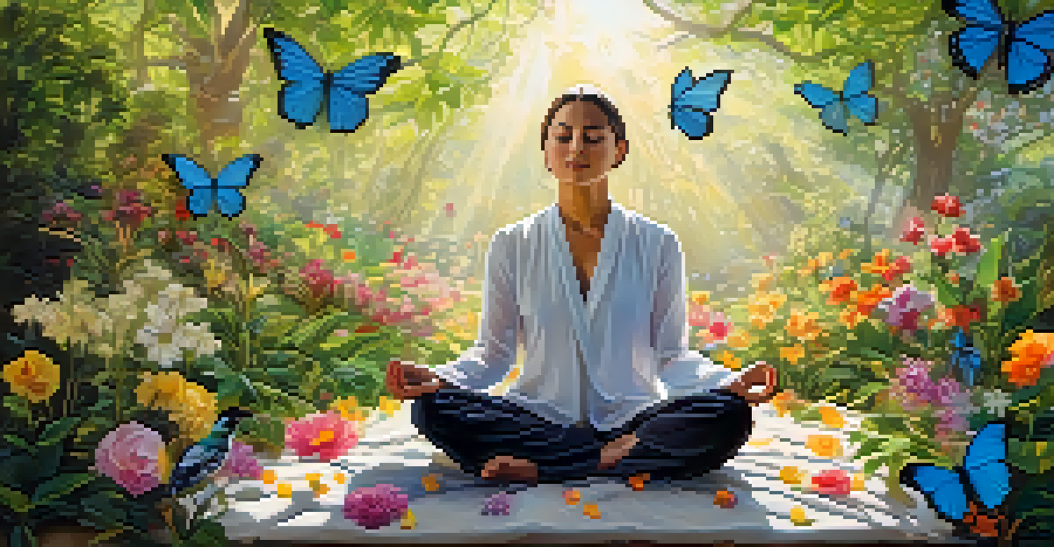 A person meditating in a vibrant garden with flowers, butterflies, and sunlight.