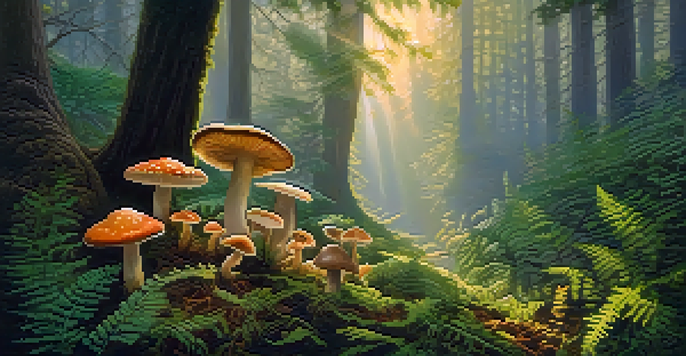 A tranquil forest with colorful psilocybin mushrooms growing amidst green ferns, illuminated by soft sunlight during golden hour.