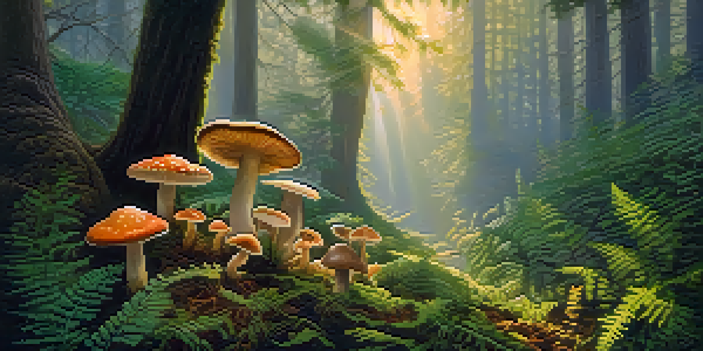 A tranquil forest with colorful psilocybin mushrooms growing amidst green ferns, illuminated by soft sunlight during golden hour.