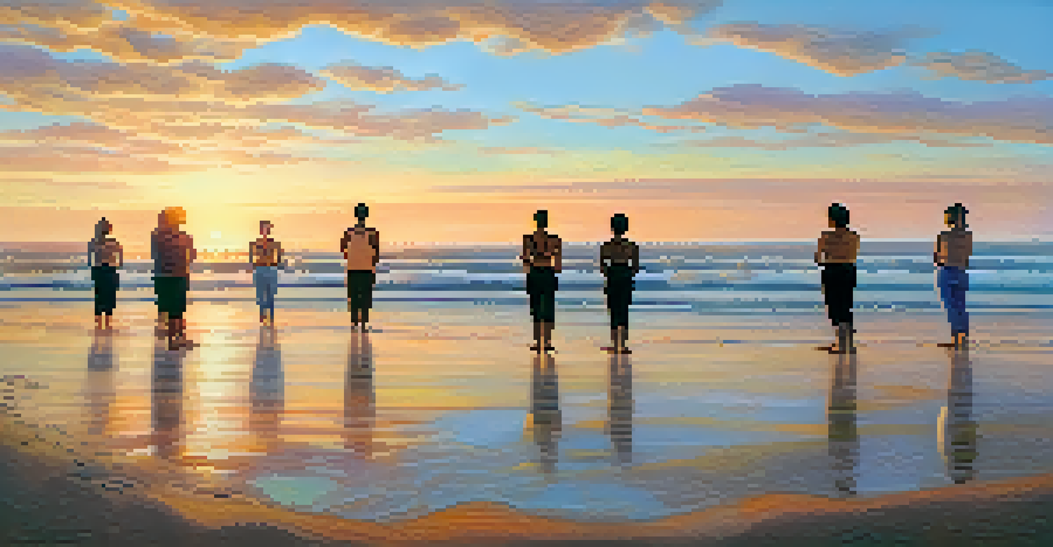 A diverse group of individuals practicing yoga and meditation on a beach at sunrise, embodying peace and connection.