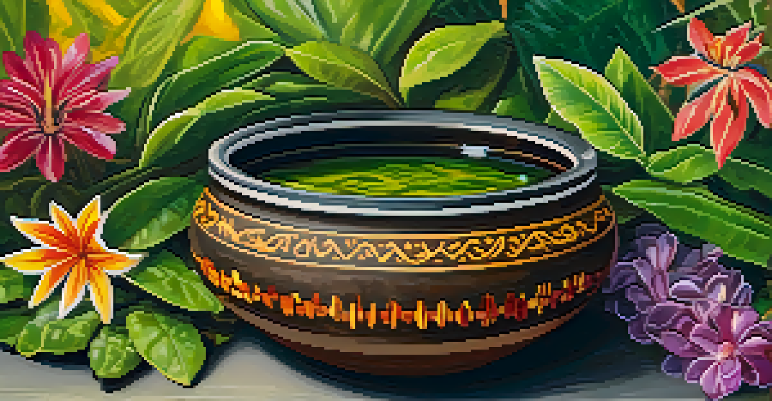 A close-up of ayahuasca brew in a ceramic bowl with green leaves and flowers around it.