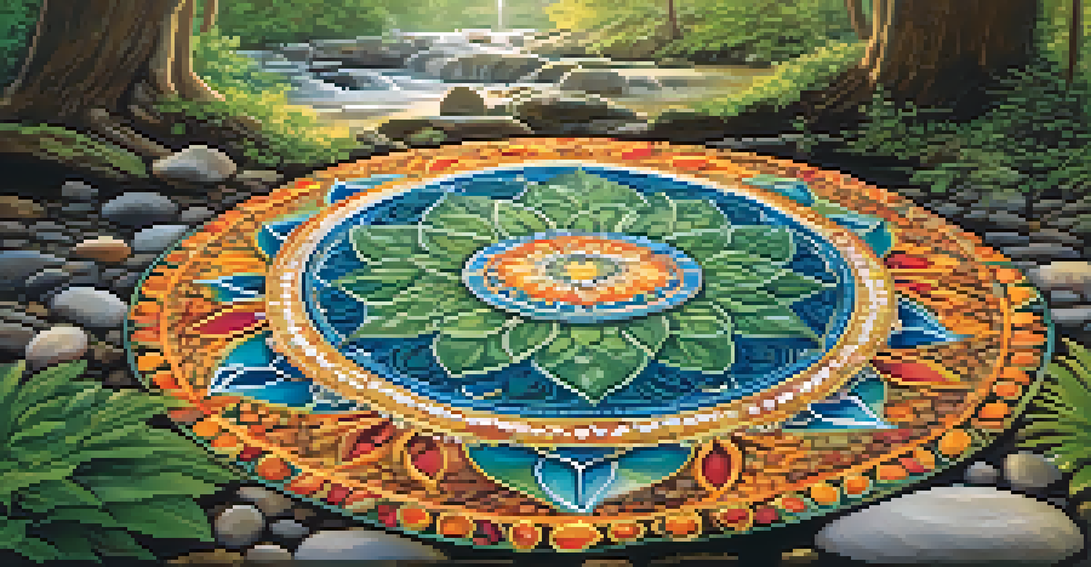 An intricate mandala made from natural elements in a tranquil outdoor setting, with a gentle stream in the background.