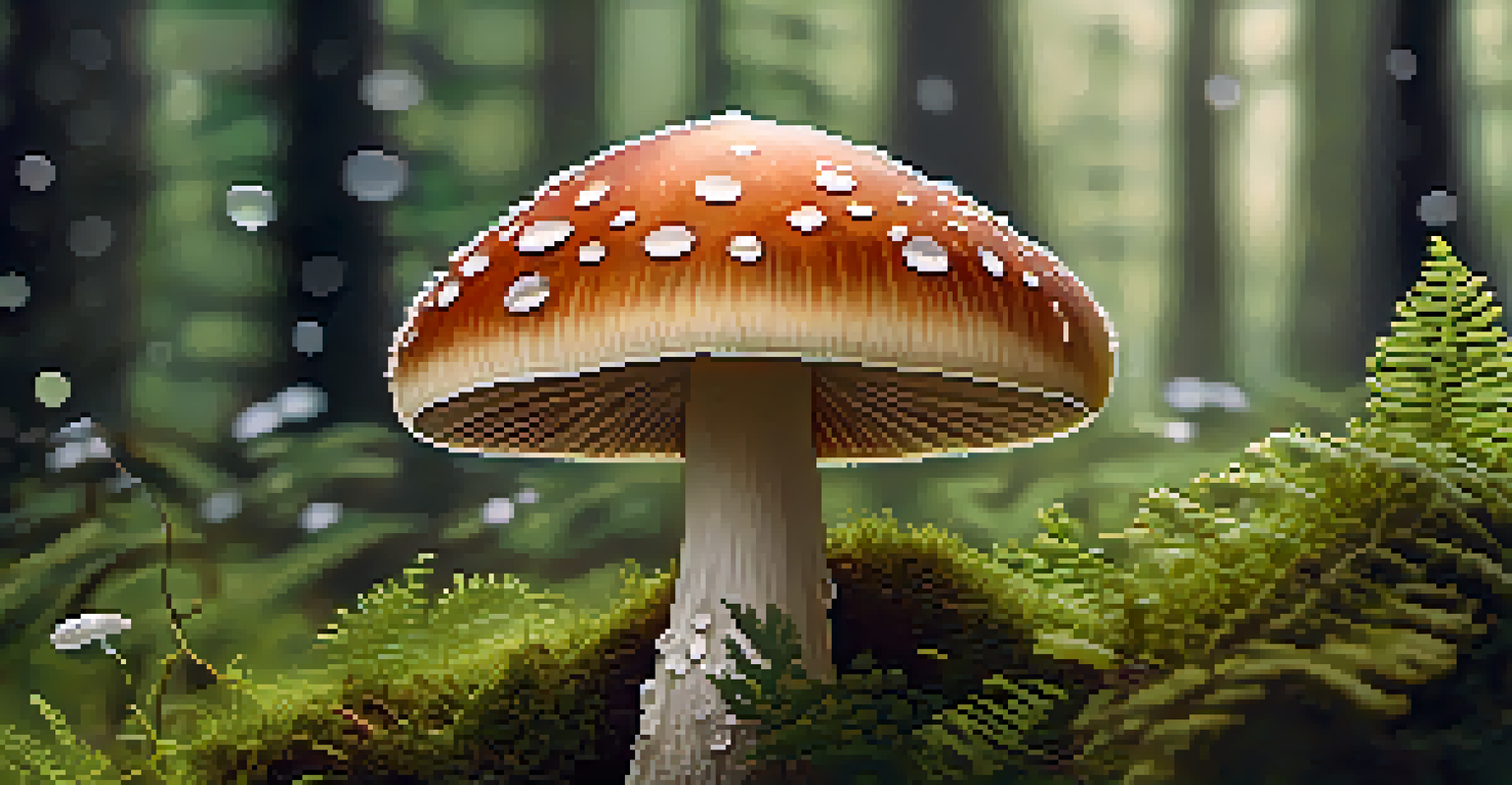 A close-up of a mushroom with intricate patterns, surrounded by moss and ferns in a forest setting.