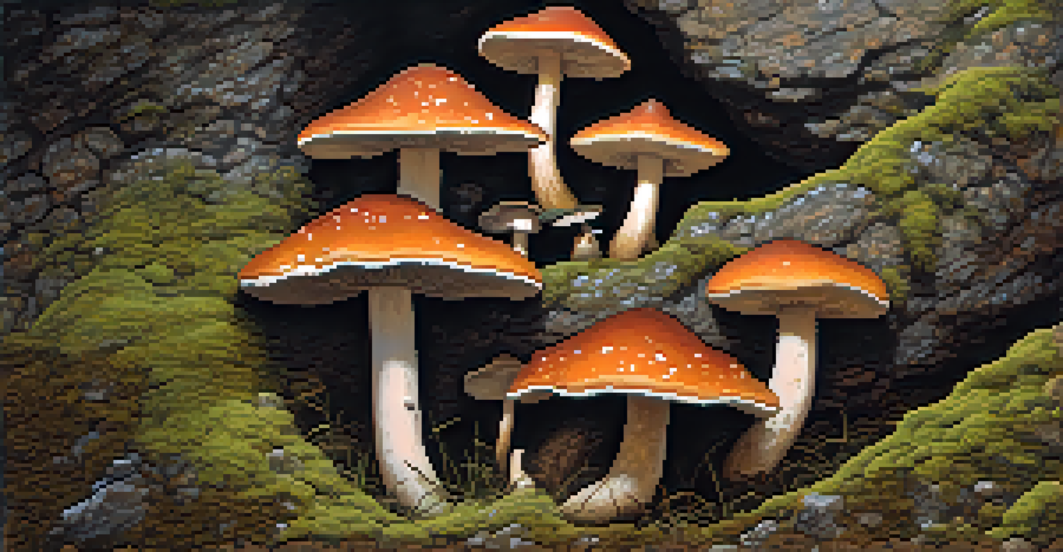 A cave painting featuring mushroom-like symbols on a rocky surface, surrounded by natural textures like moss, showcasing warm earth tones.