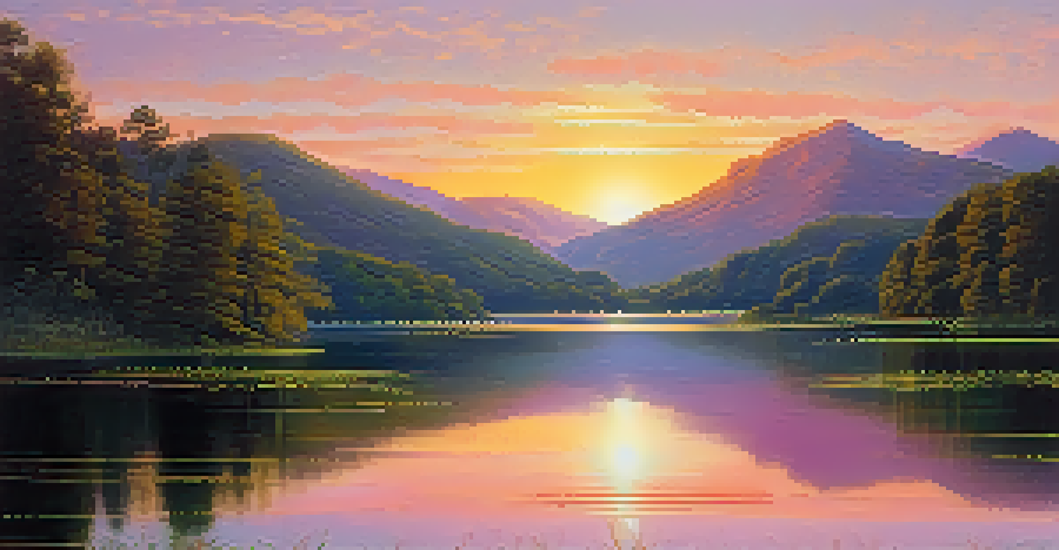 A serene lake surrounded by lush greenery and gentle hills during sunset, with warm golden and pink hues reflecting on the water.
