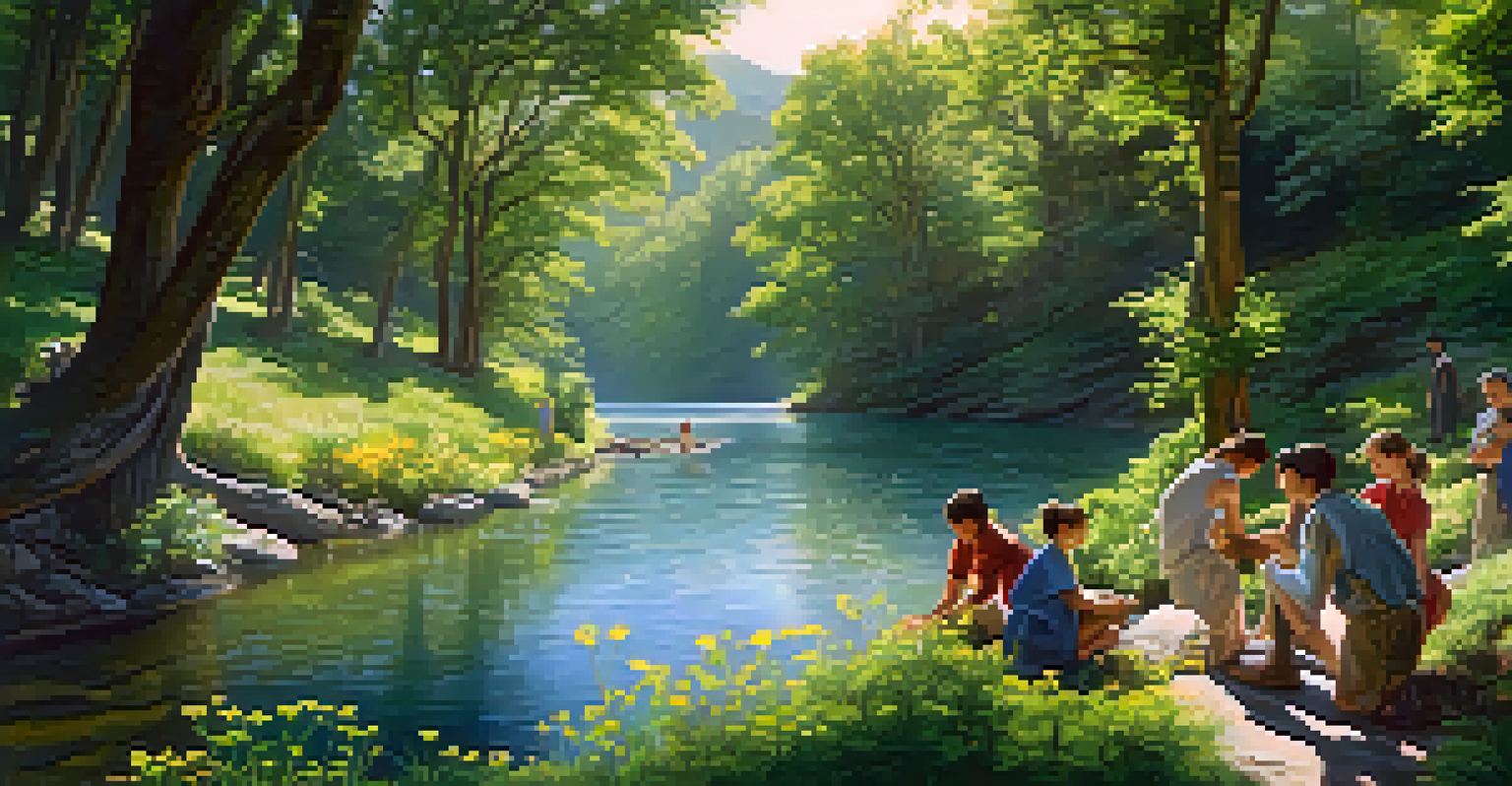 A group of individuals participating in a ritual by a flowing river, surrounded by lush greenery and sunlight filtering through the trees.
