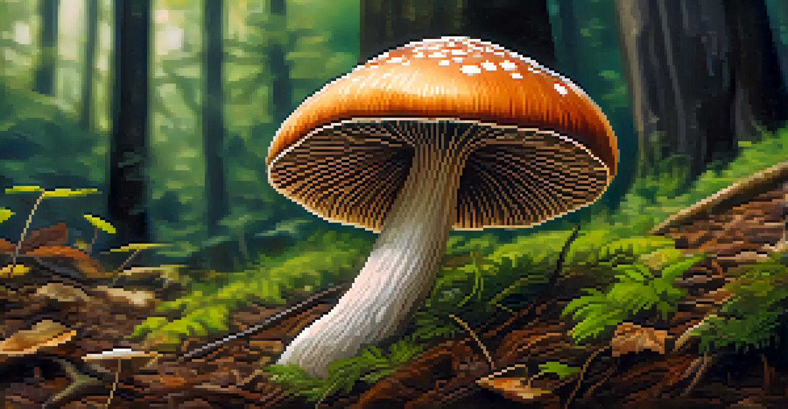 A close-up view of a psilocybin mushroom in a forest with green foliage and soft lighting.