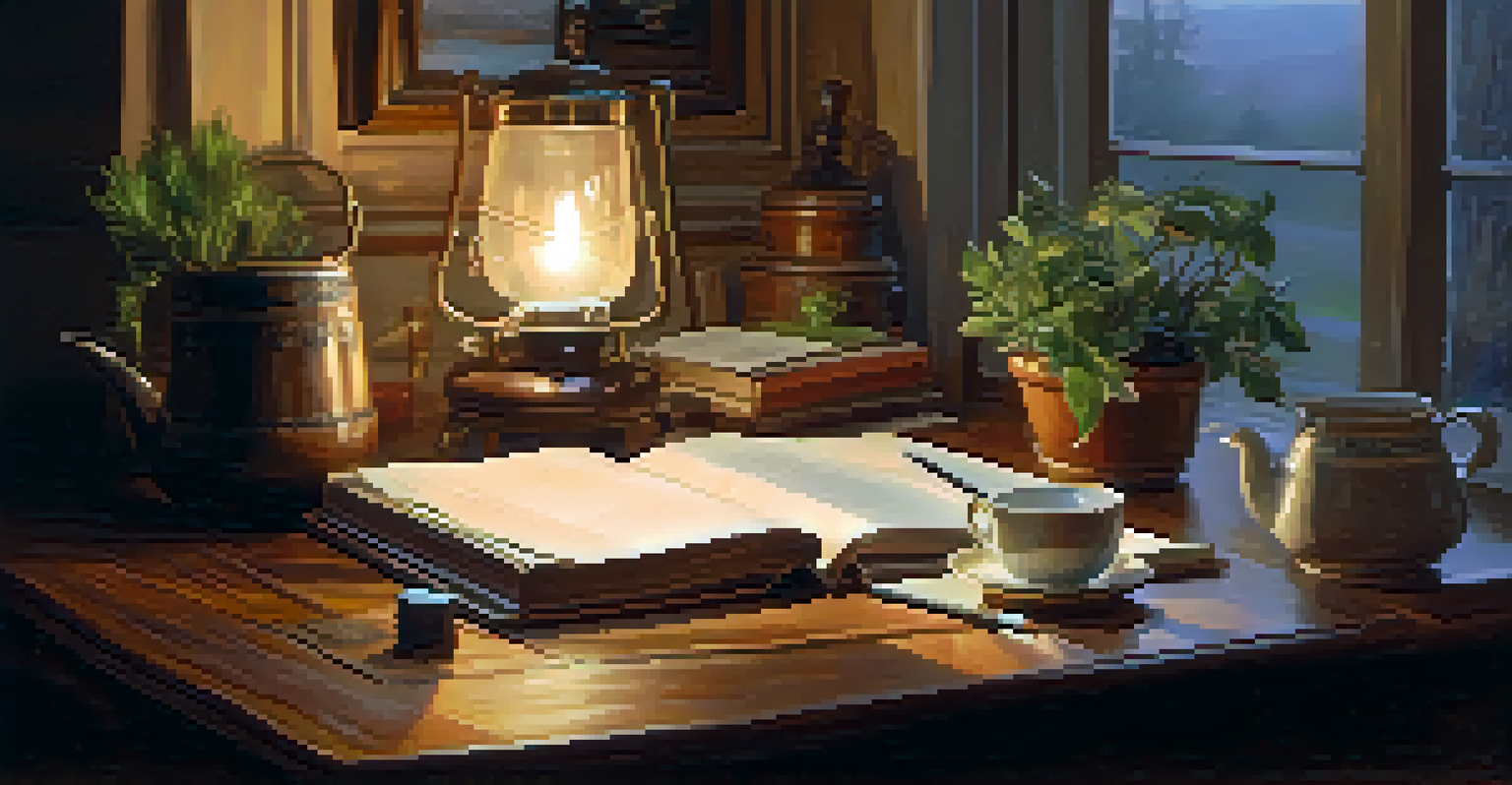 A person writing in a journal at a wooden table, with warm lighting and cozy decor including plants and candles.