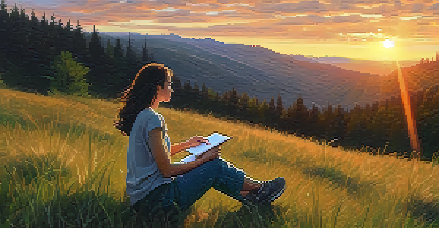 A person sitting on a hillside, journaling with a sunset backdrop, surrounded by a lush forest.