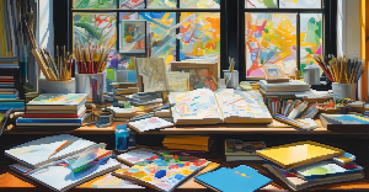 A cluttered artist's workspace with colorful abstract art, books, and art supplies, all bathed in natural light.