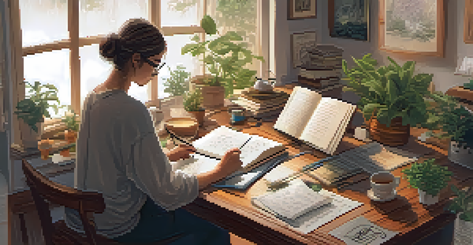 A cozy indoor scene with a person journaling at a wooden desk, surrounded by plants and art supplies, creating a warm atmosphere for reflection.