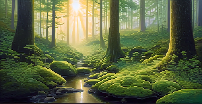 A peaceful forest clearing at dawn with sunlight filtering through trees, highlighting colorful mushrooms and a misty stream.