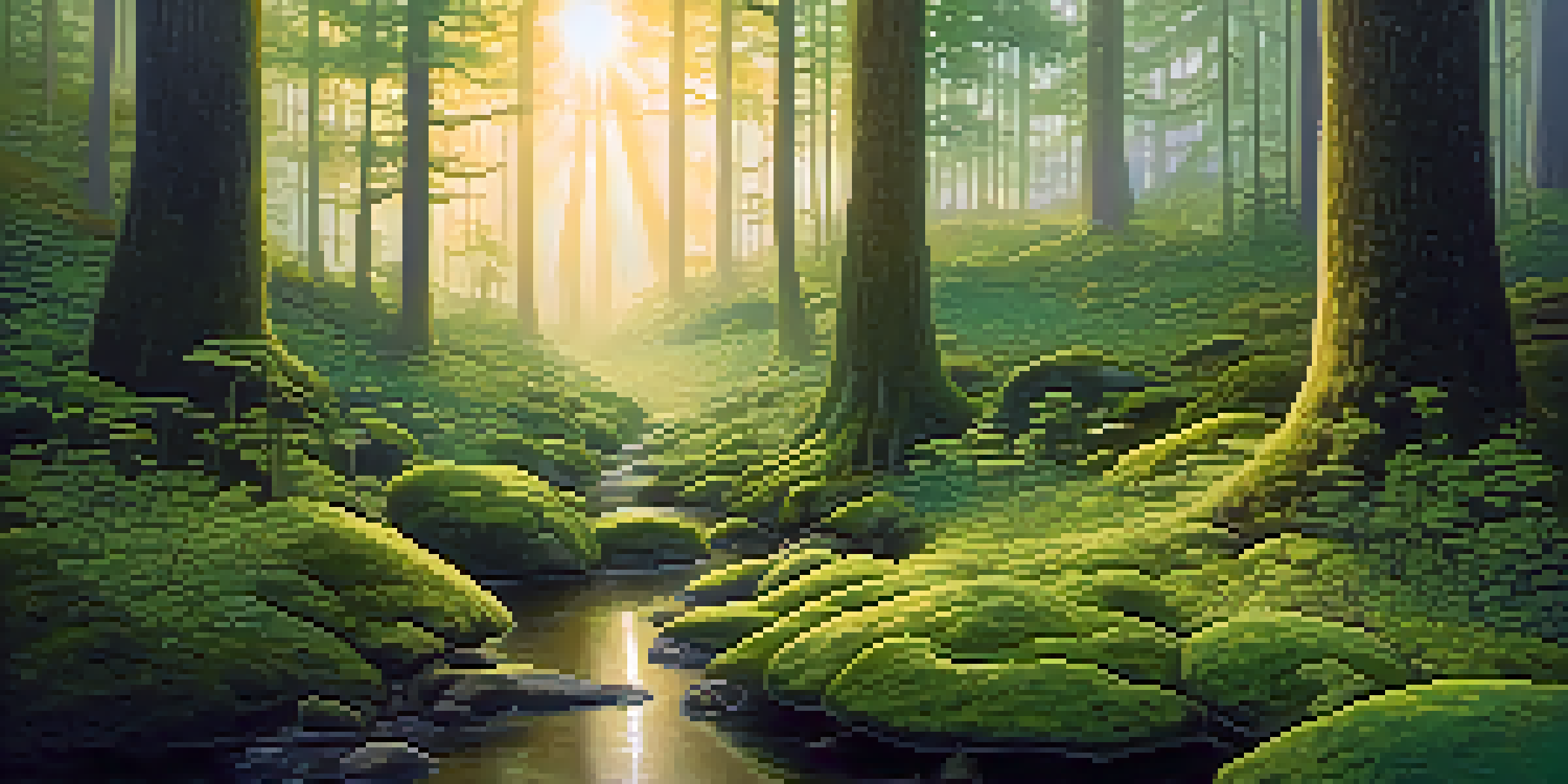 A peaceful forest clearing at dawn with sunlight filtering through trees, highlighting colorful mushrooms and a misty stream.