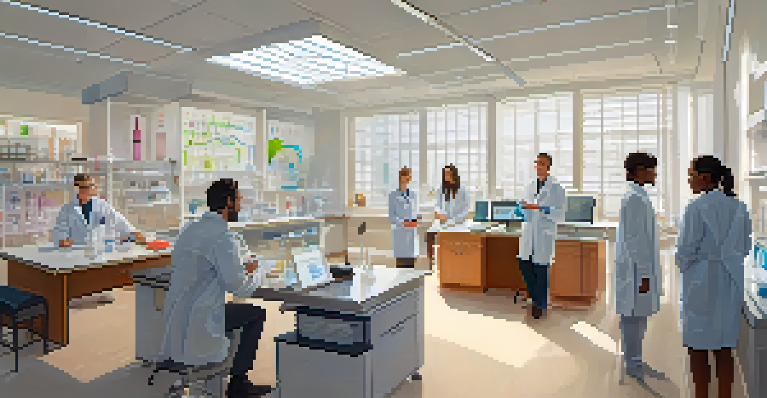 A modern laboratory with researchers in lab coats conducting studies on entheogens, featuring a comfortable setting for subjects.