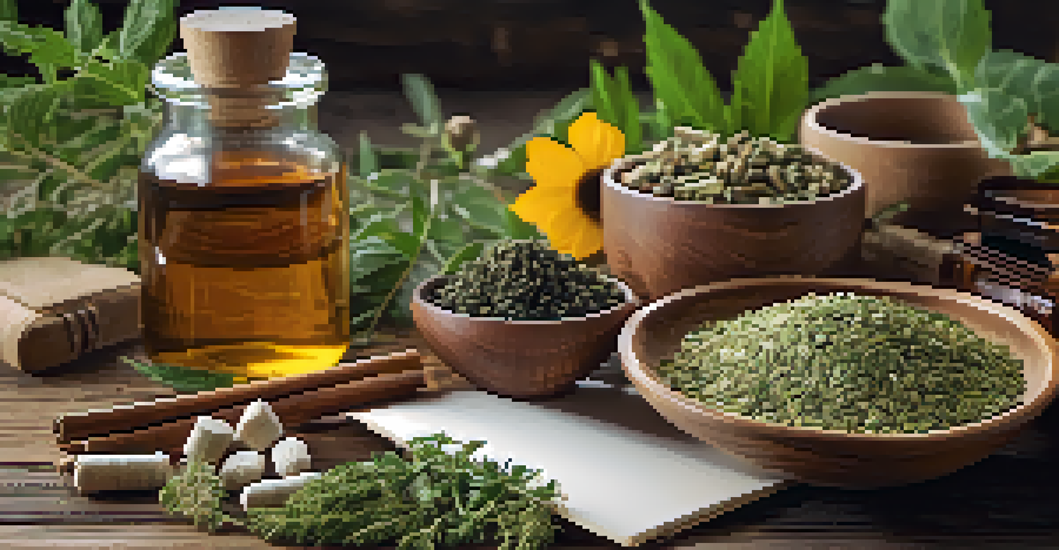 A close-up view of various herbal remedies and natural supplements on a wooden table, with a notebook and a cup of herbal tea, beautifully lit to emphasize textures and colors.