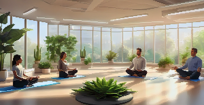 A calm office space with employees meditating in a circle, surrounded by plants and soft lighting.