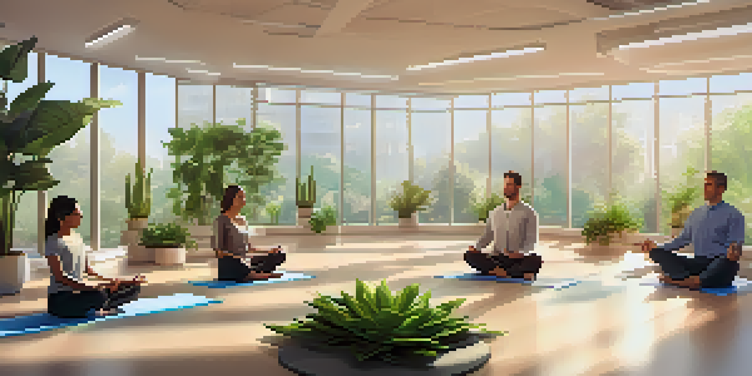 A calm office space with employees meditating in a circle, surrounded by plants and soft lighting.