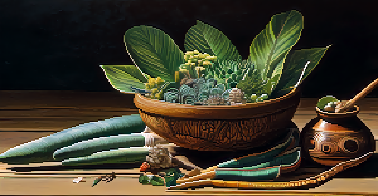 A close-up of sacred plants used in indigenous rituals, arranged on a wooden table with traditional tools.