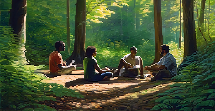 A group of diverse individuals sitting in a circle in a lush forest, engaged in conversation, with sunlight filtering through the leaves.