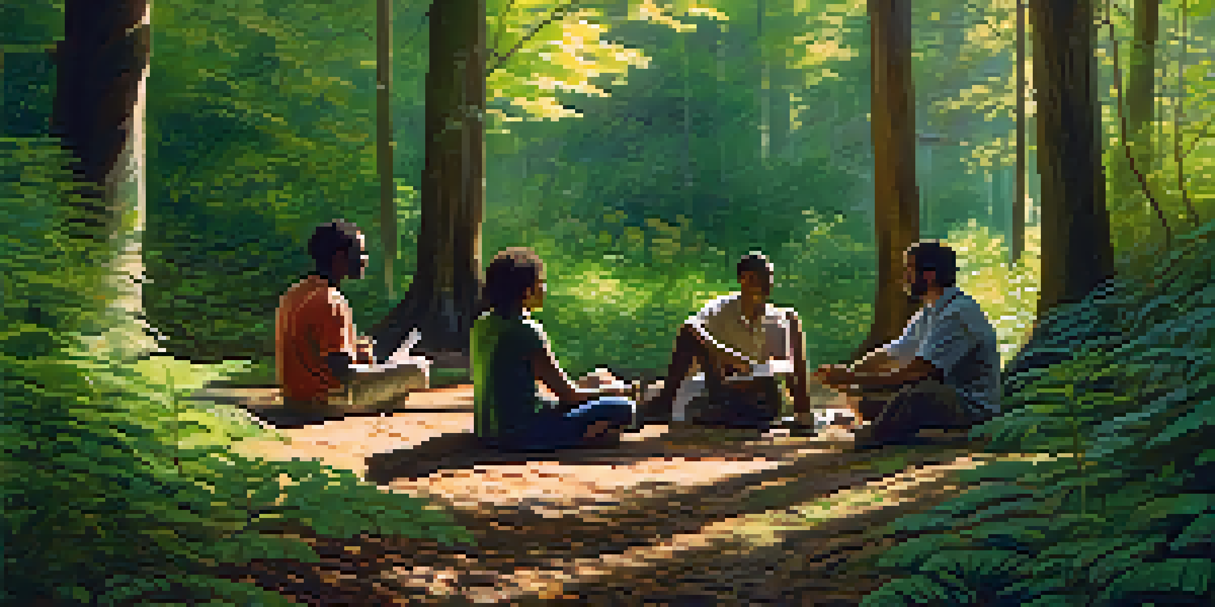 A group of diverse individuals sitting in a circle in a lush forest, engaged in conversation, with sunlight filtering through the leaves.