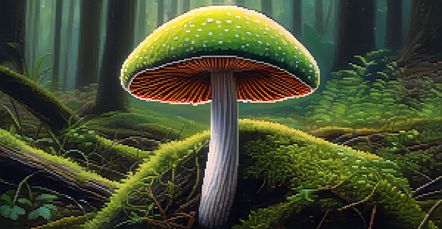 A close-up view of a psilocybin mushroom in a forest, showcasing its detailed cap and gills with soft lighting highlighting the surrounding moss.