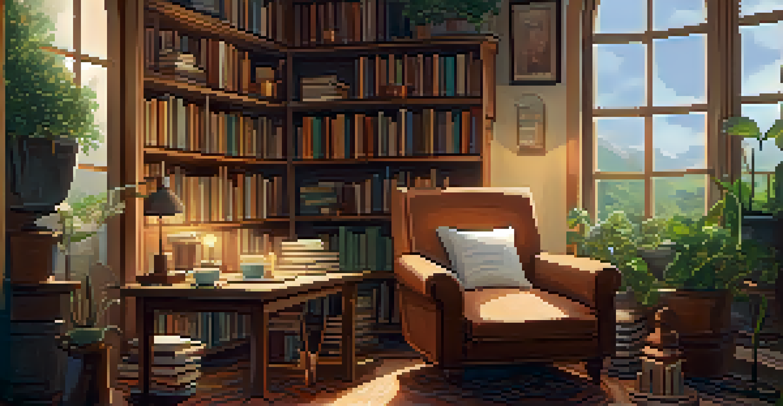 A cozy room filled with books and plants, designed for reflection, featuring warm lighting and a view of a garden.