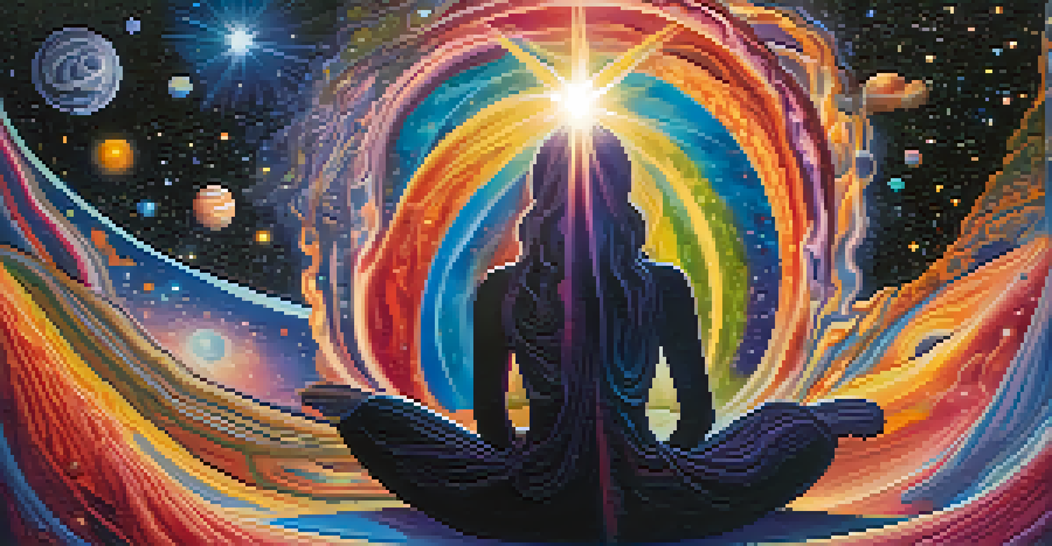 An abstract cosmic landscape with a silhouette of a person meditating, surrounded by colorful patterns representing interconnectedness.