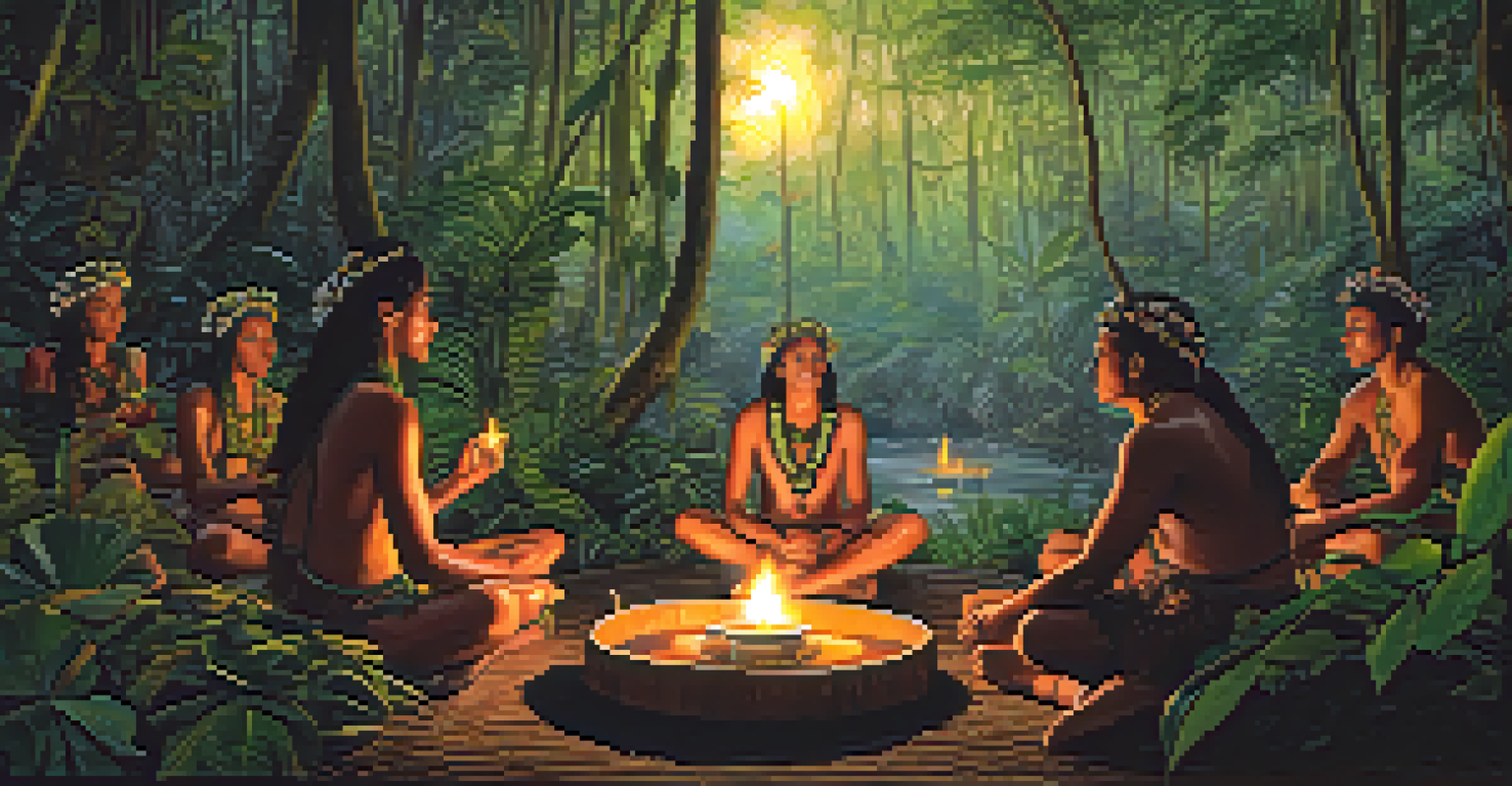 A shaman leading an ayahuasca ceremony in the Amazon rainforest, with participants in a circle illuminated by candlelight, surrounded by lush natural elements.
