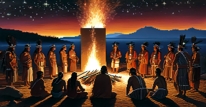 An ancient ritual scene with indigenous people around a fire under a starry sky, showing warm light on their faces and traditional attire.