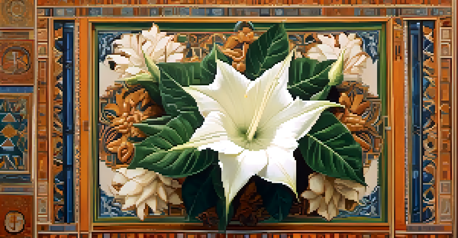 Artistic depiction of Datura's beauty and danger, showcasing the flower and thorny leaves with traditional Indian symbols in the background.