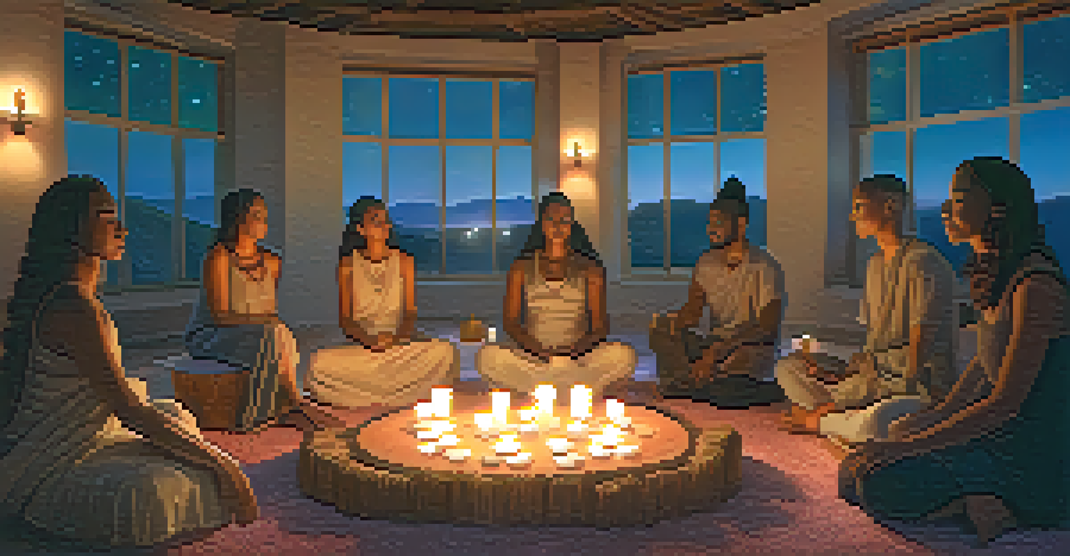A cozy gathering of individuals in a dimly lit room participating in a modern entheogenic ceremony, with candles and cushions.