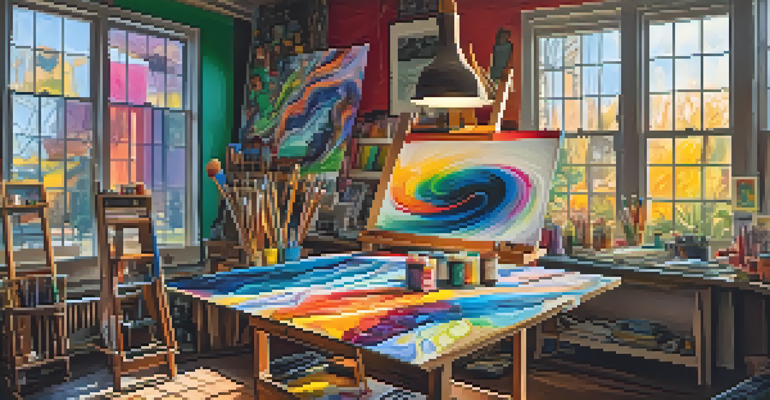 An artist's workspace with a colorful psychedelic painting on an easel and art supplies scattered around.
