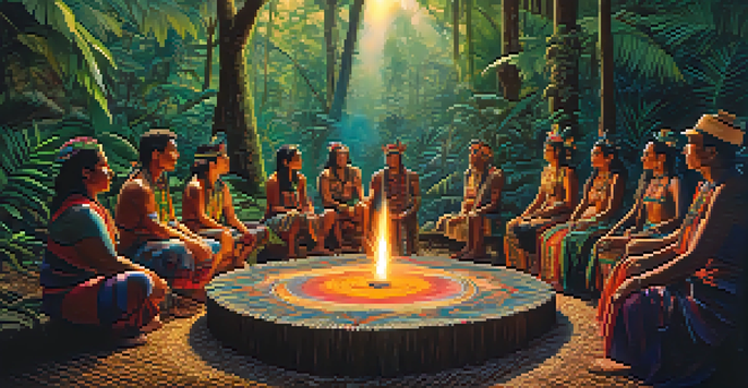 A group of people participating in an Ayahuasca ceremony led by a shaman in a vibrant Amazon rainforest, surrounded by lush greenery and soft, filtered light.