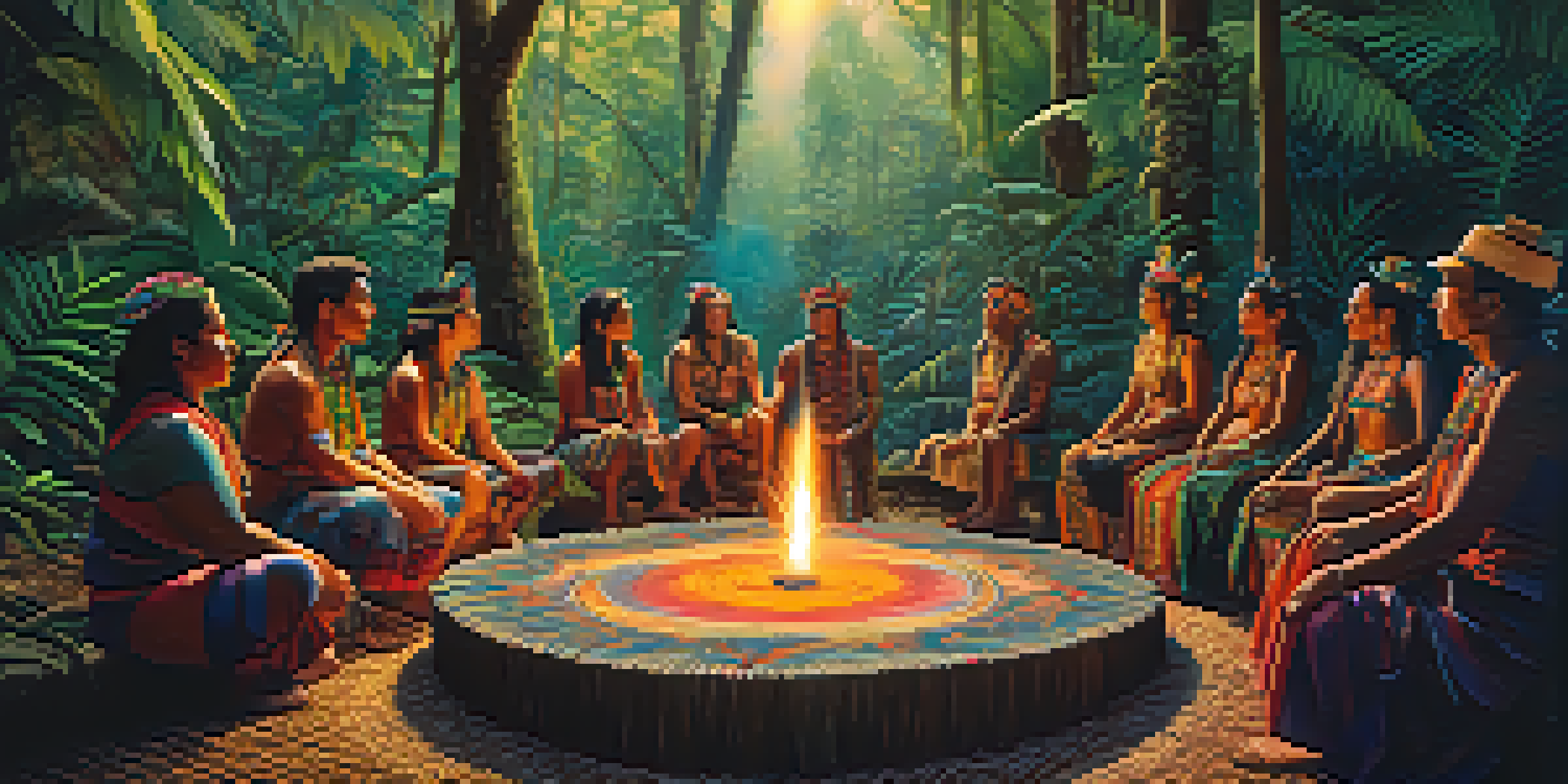 A group of people participating in an Ayahuasca ceremony led by a shaman in a vibrant Amazon rainforest, surrounded by lush greenery and soft, filtered light.