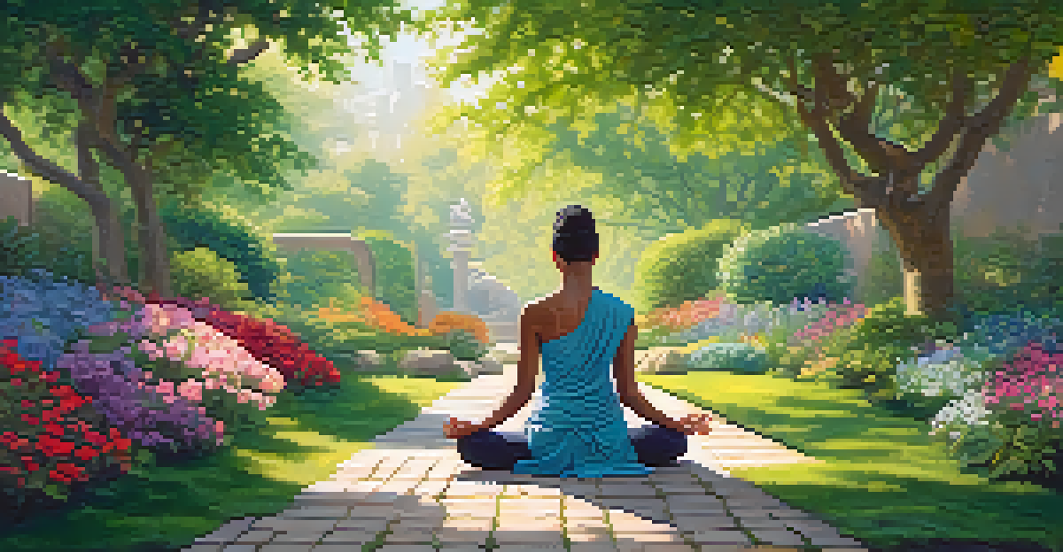 A person meditating in a peaceful garden surrounded by greenery and colorful flowers.