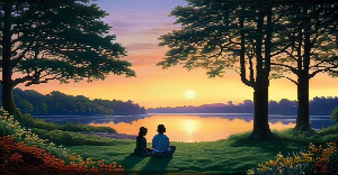 A peaceful forest landscape at twilight with a river and people meditating by the water.