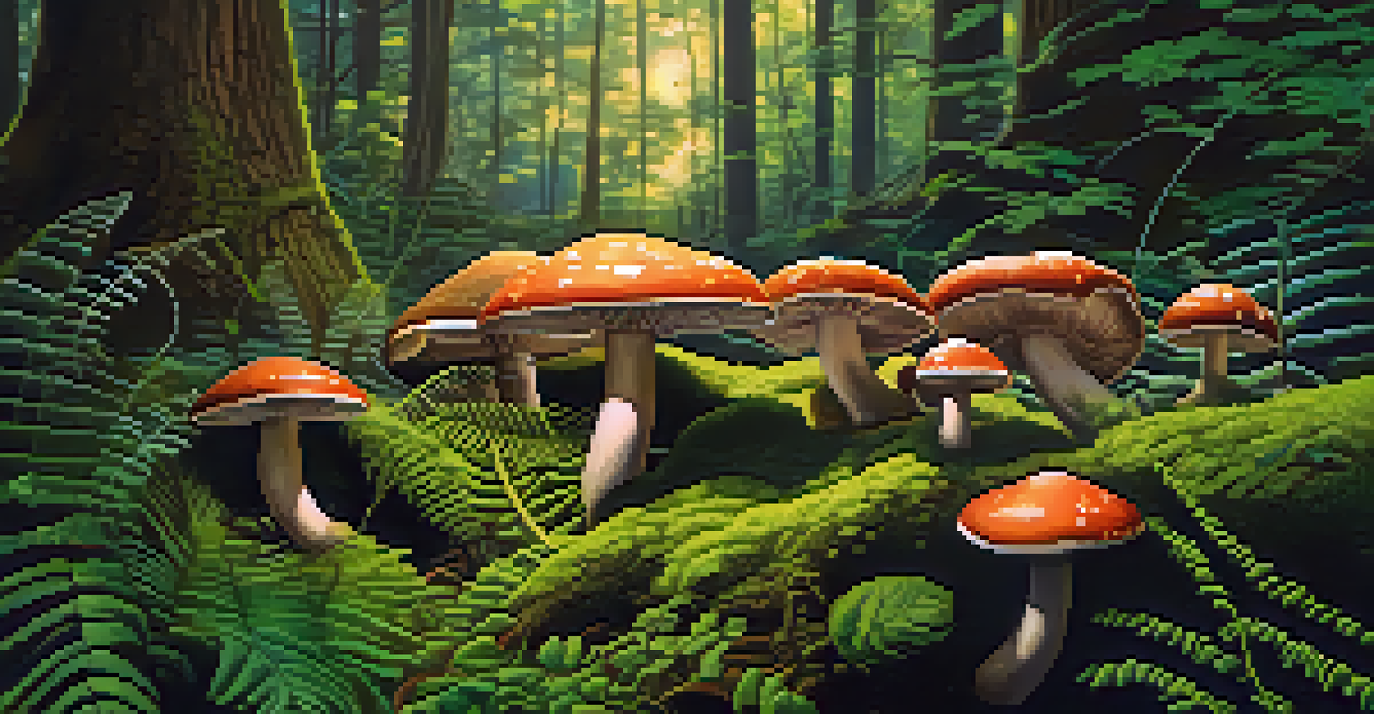 A close-up view of psilocybin mushrooms surrounded by green moss and ferns with sunlight illuminating their details.